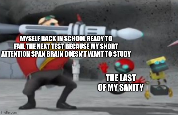 Relatable? | MYSELF BACK IN SCHOOL READY TO FAIL THE NEXT TEST BECAUSE MY SHORT ATTENTION SPAN BRAIN DOESN'T WANT TO STUDY; THE LAST OF MY SANITY | image tagged in sonic,high school | made w/ Imgflip meme maker