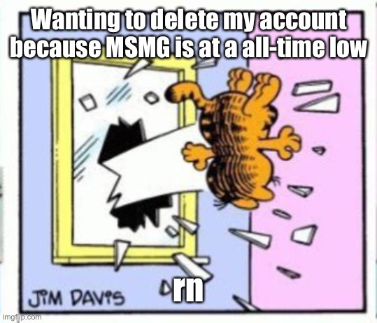 Garfield gets thrown out of a window | Wanting to delete my account because MSMG is at a all-time low; rn | image tagged in garfield gets thrown out of a window | made w/ Imgflip meme maker