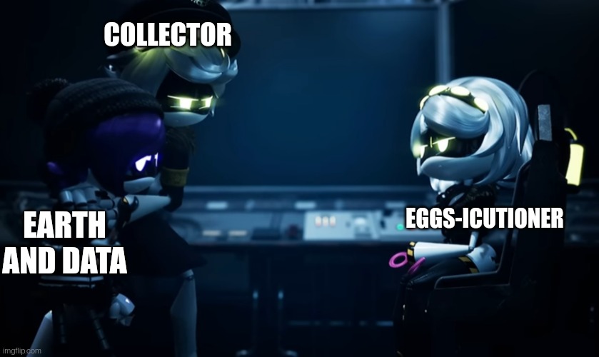 N protecting uzi | COLLECTOR; EGGS-ICUTIONER; EARTH AND DATA | image tagged in n protecting uzi | made w/ Imgflip meme maker