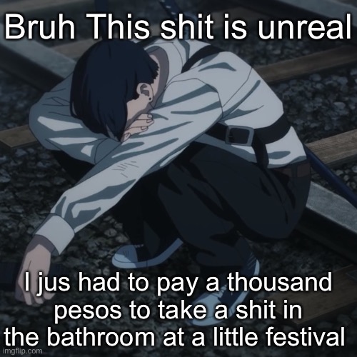 Aki | Bruh This shit is unreal; I jus had to pay a thousand pesos to take a shit in the bathroom at a little festival | image tagged in aki | made w/ Imgflip meme maker