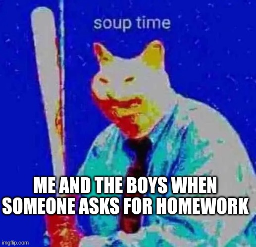 soup time | ME AND THE BOYS WHEN SOMEONE ASKS FOR HOMEWORK | image tagged in soup time | made w/ Imgflip meme maker