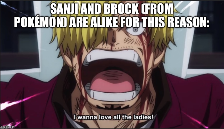 Sanji and Brock want all the ladies, this is why they are alike in 1 way | SANJI AND BROCK (FROM POKÉMON) ARE ALIKE FOR THIS REASON: | image tagged in sanji wants to love all ladies,one piece,memes,sanji,alike | made w/ Imgflip meme maker