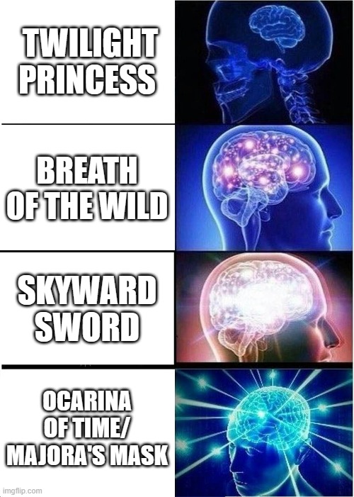 Fight me on this. I dare you. | TWILIGHT PRINCESS; BREATH OF THE WILD; SKYWARD SWORD; OCARINA OF TIME/ MAJORA'S MASK | image tagged in memes,expanding brain | made w/ Imgflip meme maker