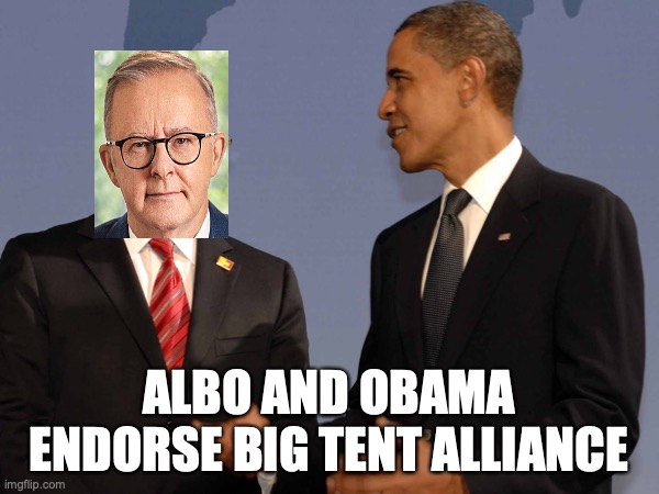 Anthony Albanese will work with Barack Obama, interesting | ALBO AND OBAMA ENDORSE BIG TENT ALLIANCE | image tagged in big tent alliance,anthony albanese,barack obama,colleagues,vote,bta | made w/ Imgflip meme maker