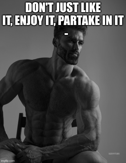 Giga Chad | DON'T JUST LIKE IT, ENJOY IT, PARTAKE IN IT
   - | image tagged in giga chad | made w/ Imgflip meme maker