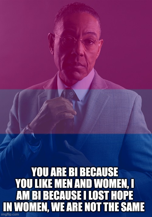 To all the bisexual fellows out there (ignore if you are not bi) | YOU ARE BI BECAUSE YOU LIKE MEN AND WOMEN, I AM BI BECAUSE I LOST HOPE IN WOMEN, WE ARE NOT THE SAME | made w/ Imgflip meme maker