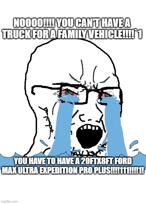 Wojack Crying Nooo! | NOOOO!!!! YOU CAN'T HAVE A TRUCK FOR A FAMILY VEHICLE!!!!`1; YOU HAVE TO HAVE A 20FTX8FT FORD MAX ULTRA EXPEDITION PRO PLUS!!!!111!!!!1! | image tagged in wojack crying nooo | made w/ Imgflip meme maker