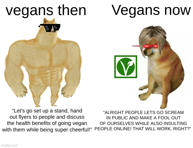 Fr they are destroying their reputations XD | vegans then; Vegans now; "Let's go set up a stand, hand out flyers to people and discuss the health benefits of going vegan with them while being super cheerful!"; "ALRIGHT PEOPLE LETS GO SCREAM IN PUBLIC AND MAKE A FOOL OUT OF OURSELVES WHILE ALSO INSULTING PEOPLE ONLINE! THAT WILL WORK, RIGHT?" | image tagged in memes,buff doge vs cheems | made w/ Imgflip meme maker