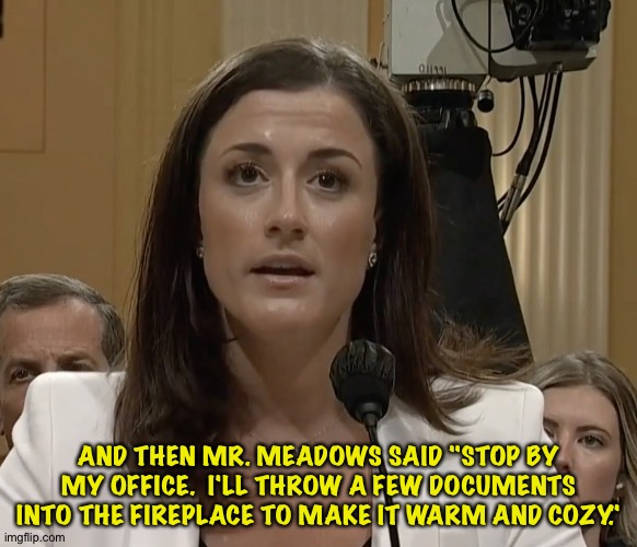 Cassidy says it happened about a dozen times. | AND THEN MR. MEADOWS SAID "STOP BY MY OFFICE.  I'LL THROW A FEW DOCUMENTS INTO THE FIREPLACE TO MAKE IT WARM AND COZY." | image tagged in cassidy hutchinson | made w/ Imgflip meme maker
