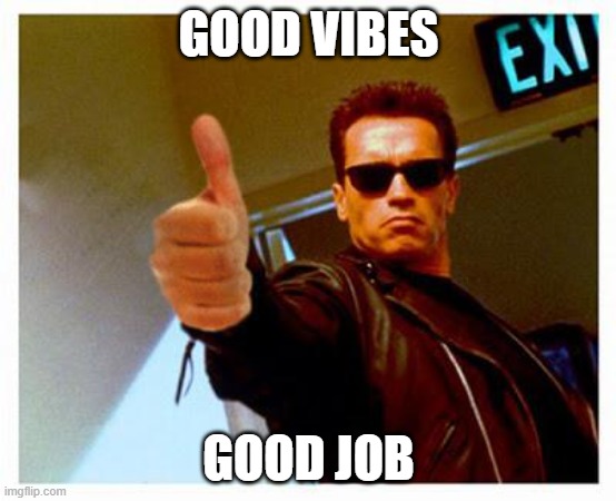 good vibes good job | GOOD VIBES; GOOD JOB | image tagged in terminator thumbs up | made w/ Imgflip meme maker