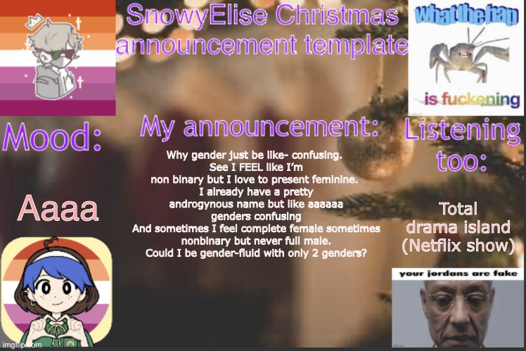 SnowyElise Christmas template | Aaaa; Why gender just be like- confusing. 
See I FEEL like I’m non binary but I love to present feminine. 
I already have a pretty androgynous name but like aaaaaa genders confusing
And sometimes I feel complete female sometimes nonbinary but never full male. Could I be gender-fluid with only 2 genders? Total drama island (Netflix show) | image tagged in snowyelise christmas template | made w/ Imgflip meme maker