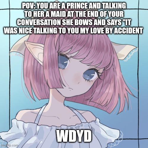 Romance rp no joke Bambi or military ocs. humanoid oc only | POV: YOU ARE A PRINCE AND TALKING TO HER A MAID AT THE END OF YOUR CONVERSATION SHE BOWS AND SAYS "IT WAS NICE TALKING TO YOU MY LOVE BY ACCIDENT; WDYD | image tagged in clara | made w/ Imgflip meme maker