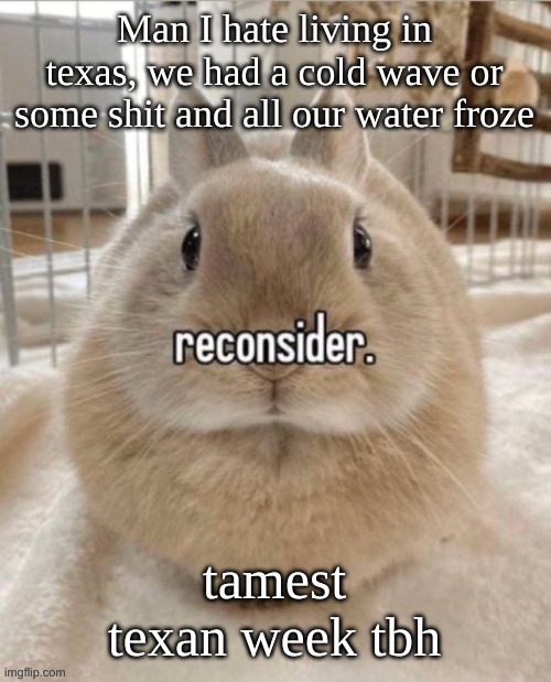 reconsider | Man I hate living in texas, we had a cold wave or some shit and all our water froze; tamest texan week tbh | image tagged in reconsider | made w/ Imgflip meme maker