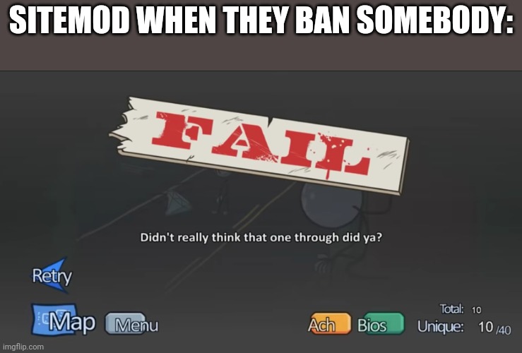 Didn't Really Think | SITEMOD WHEN THEY BAN SOMEBODY: | image tagged in didn't really think | made w/ Imgflip meme maker