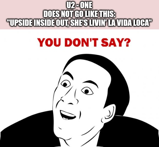 You Don't Say | U2 - ONE
 DOES NOT GO LIKE THIS: 
"UPSIDE INSIDE OUT, SHE'S LIVIN' LA VIDA LOCA" | image tagged in memes,you don't say | made w/ Imgflip meme maker