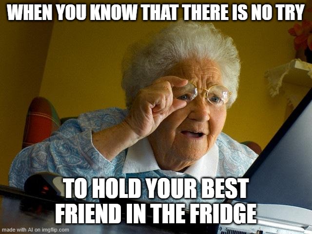 Grandma Finds The Internet Meme | WHEN YOU KNOW THAT THERE IS NO TRY; TO HOLD YOUR BEST FRIEND IN THE FRIDGE | image tagged in memes,grandma finds the internet | made w/ Imgflip meme maker