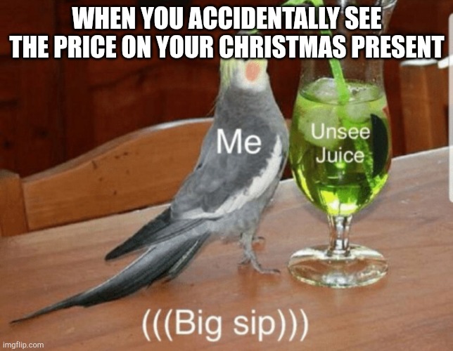 Unsee juice | WHEN YOU ACCIDENTALLY SEE THE PRICE ON YOUR CHRISTMAS PRESENT | image tagged in unsee juice | made w/ Imgflip meme maker