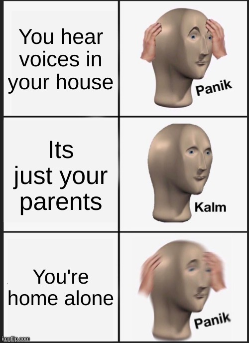 this has happened to me (i think) | You hear voices in your house; Its just your parents; You're home alone | image tagged in memes,panik kalm panik | made w/ Imgflip meme maker