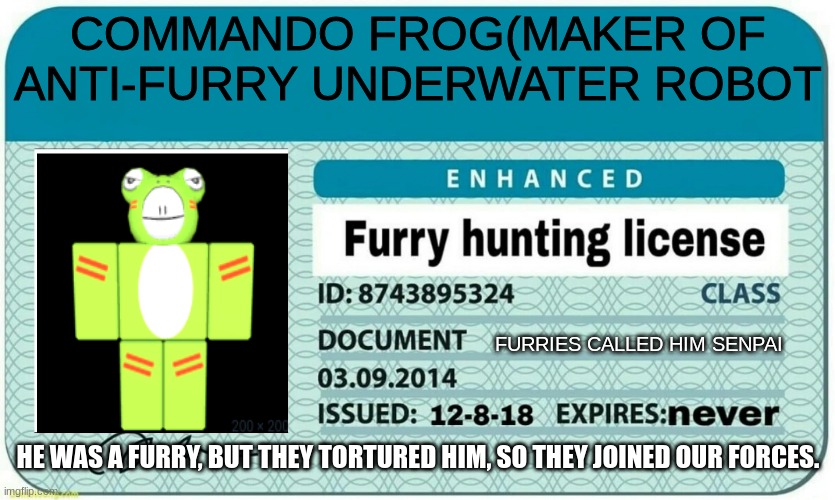 furry hunting license | COMMANDO FROG(MAKER OF ANTI-FURRY UNDERWATER ROBOT; FURRIES CALLED HIM SENPAI; HE WAS A FURRY, BUT THEY TORTURED HIM, SO THEY JOINED OUR FORCES. | image tagged in furry hunting license | made w/ Imgflip meme maker