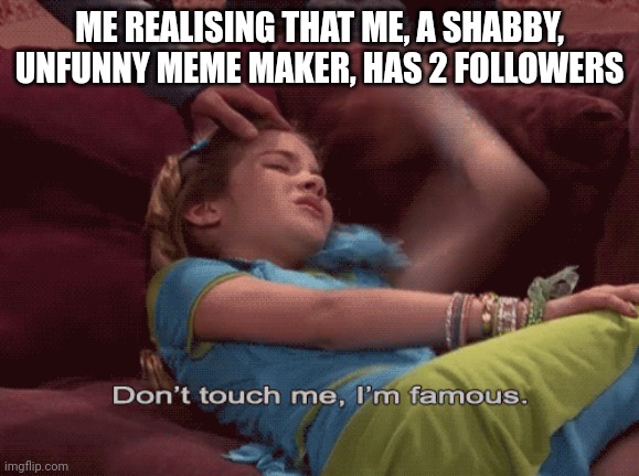 I'm famous | ME REALISING THAT ME, A SHABBY, UNFUNNY MEME MAKER, HAS 2 FOLLOWERS | image tagged in don't touch me i'm famous | made w/ Imgflip meme maker