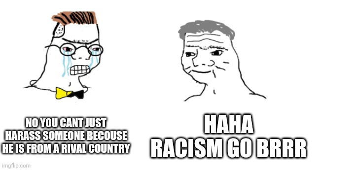 seriously? | NO YOU CANT JUST HARASS SOMEONE BECOUSE HE IS FROM A RIVAL COUNTRY; HAHA RACISM GO BRRR | image tagged in nooo haha go brrr | made w/ Imgflip meme maker