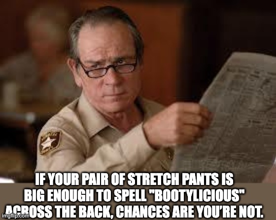 Stretch | IF YOUR PAIR OF STRETCH PANTS IS BIG ENOUGH TO SPELL "BOOTYLICIOUS" ACROSS THE BACK, CHANCES ARE YOU’RE NOT. | image tagged in no country for old men tommy lee jones | made w/ Imgflip meme maker