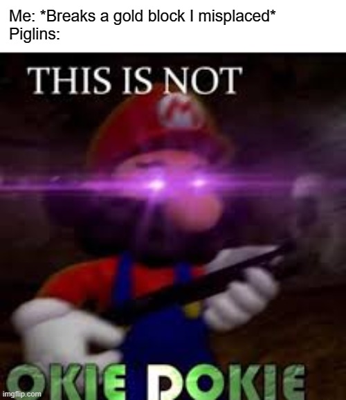 Every piglin can surely relate to | Me: *Breaks a gold block I misplaced*
Piglins: | image tagged in this is not okie dokie | made w/ Imgflip meme maker