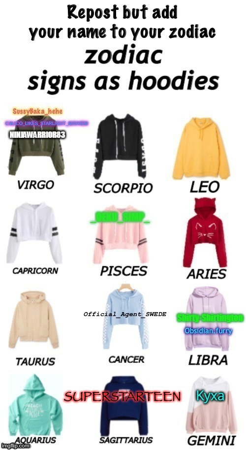 If you see this meme, repost it and add your name! | Official_Agent_SWEDE | image tagged in zodiacs signs as hoodies | made w/ Imgflip meme maker