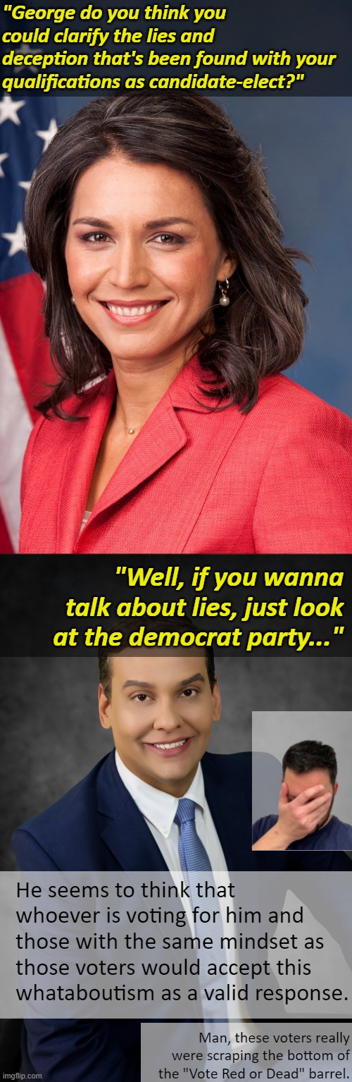No no, she's got a point. |  "George do you think you could clarify the lies and deception that's been found with your qualifications as candidate-elect?"; "Well, if you wanna talk about lies, just look at the democrat party..."; He seems to think that whoever is voting for him and those with the same mindset as those voters would accept this whataboutism as a valid response. Man, these voters really were scraping the bottom of the "Vote Red or Dead" barrel. | image tagged in tulsi gabbard,george santos,republican party,republican,maga,civil war | made w/ Imgflip meme maker