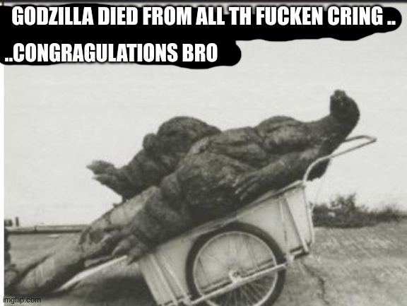 Godzilla | GODZILLA DIED FROM ALL TH FUCKEN CRING .. ..CONGRAGULATIONS BRO | image tagged in godzilla | made w/ Imgflip meme maker