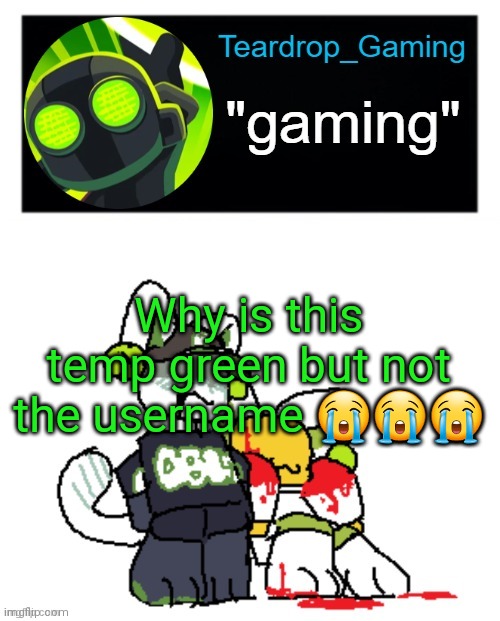 Teardrop_Gaming template | Why is this temp green but not the username 😭😭😭 | image tagged in teardrop_gaming template | made w/ Imgflip meme maker