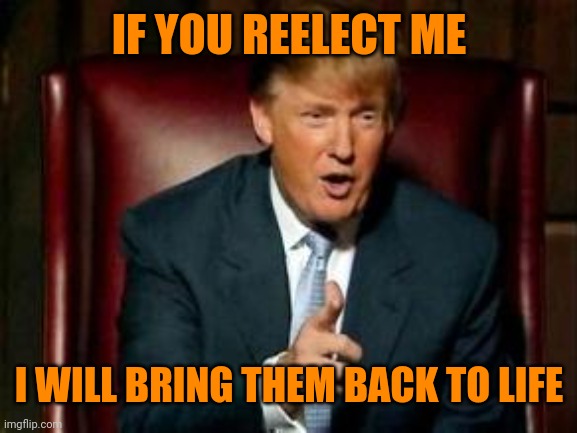 Donald Trump | IF YOU REELECT ME I WILL BRING THEM BACK TO LIFE | image tagged in donald trump | made w/ Imgflip meme maker