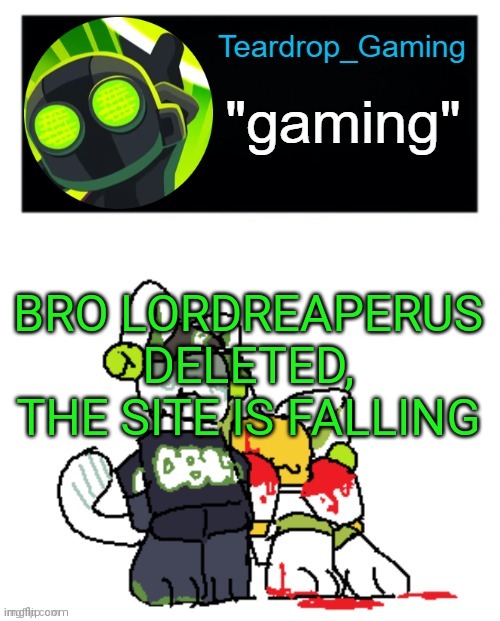 Teardrop_Gaming template | BRO LORDREAPERUS DELETED, THE SITE IS FALLING | image tagged in teardrop_gaming template | made w/ Imgflip meme maker