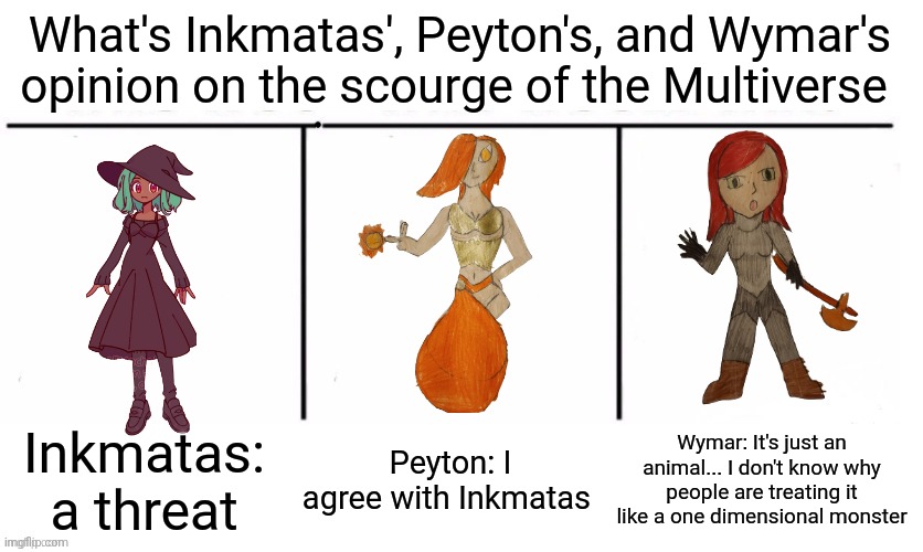 3 section comparison table | What's Inkmatas', Peyton's, and Wymar's opinion on the scourge of the Multiverse; Inkmatas: a threat; Peyton: I agree with Inkmatas; Wymar: It's just an animal... I don't know why people are treating it like a one dimensional monster | image tagged in 3 section comparison table | made w/ Imgflip meme maker