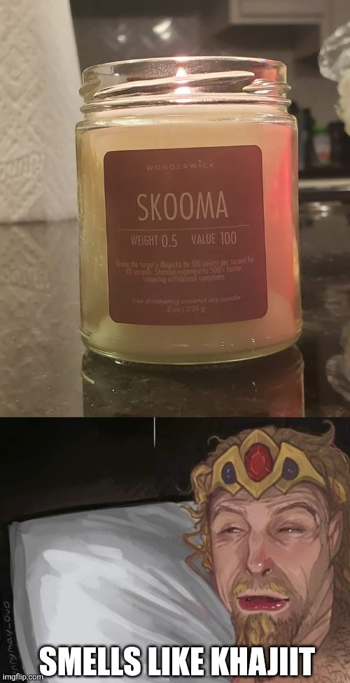 KHAJIIT CANDLE OF CHOICE | SMELLS LIKE KHAJIIT | image tagged in skyrim,skyrim meme,candle,video games | made w/ Imgflip meme maker