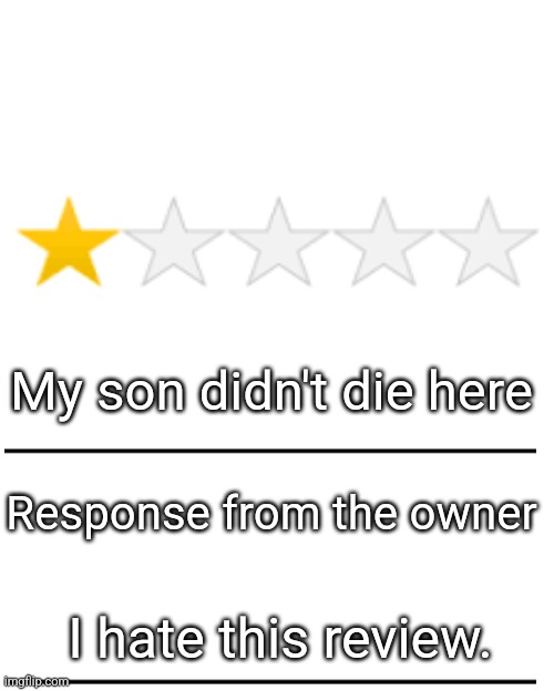 Sus for the owner | My son didn't die here; Response from the owner; I hate this review. | image tagged in one star review | made w/ Imgflip meme maker