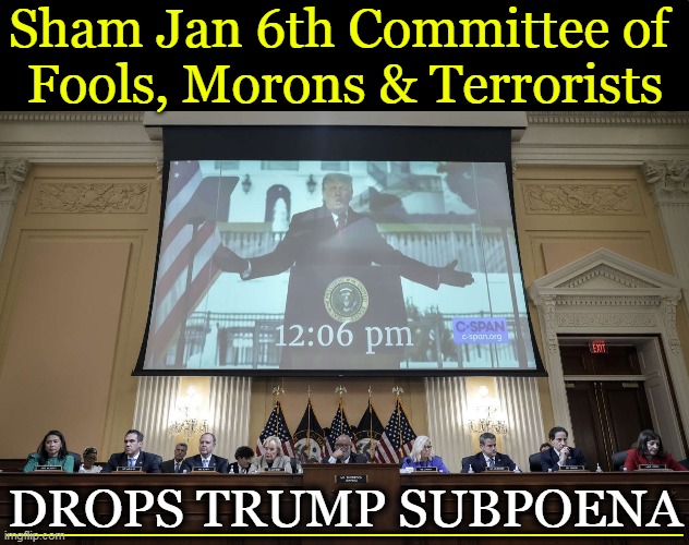 Democrats, Out to Destroy America While Trump Tries Desperately to Save Her | Sham Jan 6th Committee of 
Fools, Morons & Terrorists; DROPS TRUMP SUBPOENA; __________________________________ | image tagged in politics,sham committee,jan 6th,fools,morons,hate america first | made w/ Imgflip meme maker