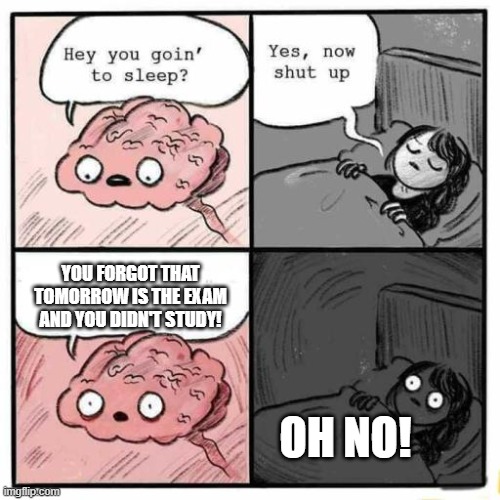 Hey you going to sleep? | YOU FORGOT THAT TOMORROW IS THE EXAM AND YOU DIDN'T STUDY! OH NO! | image tagged in hey you going to sleep,memes,exam,funny,school | made w/ Imgflip meme maker
