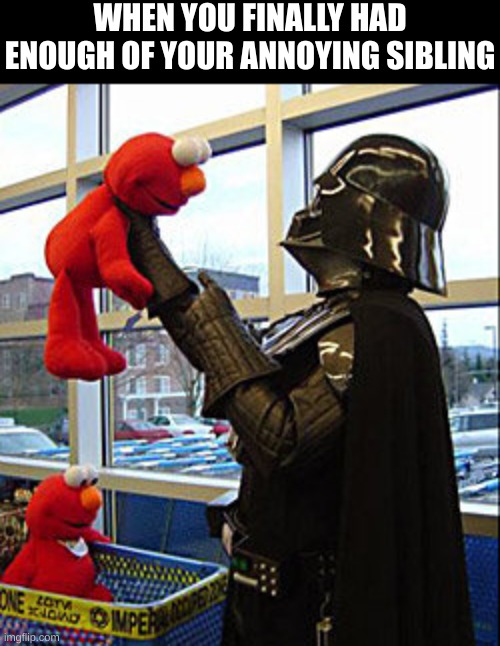 Vader's had 'nuff of Elmo | WHEN YOU FINALLY HAD ENOUGH OF YOUR ANNOYING SIBLING | image tagged in darth vader v elmo,elmo,darth vader,sibling rivalry | made w/ Imgflip meme maker