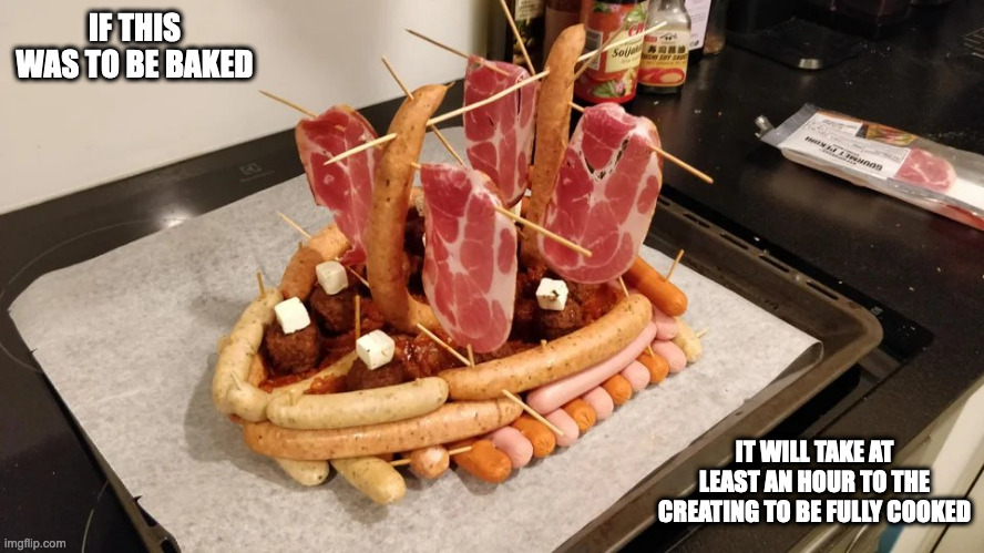 Sausage Boat | IF THIS WAS TO BE BAKED; IT WILL TAKE AT LEAST AN HOUR TO THE CREATING TO BE FULLY COOKED | image tagged in food,sausage,memes | made w/ Imgflip meme maker