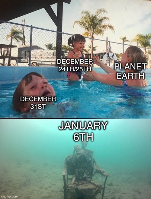 Did you know those are holidays? | DECEMBER 24TH/25TH; PLANET EARTH; DECEMBER 31ST; JANUARY 6TH | image tagged in mother ignoring kid drowning in a pool | made w/ Imgflip meme maker