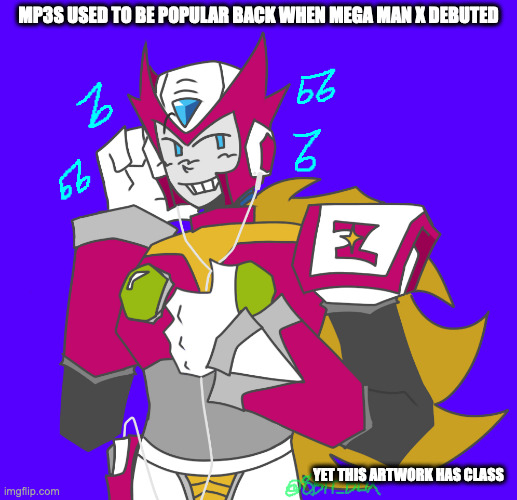 Zero With MP3 Player | MP3S USED TO BE POPULAR BACK WHEN MEGA MAN X DEBUTED; YET THIS ARTWORK HAS CLASS | image tagged in zero,megaman,megaman x,memes | made w/ Imgflip meme maker