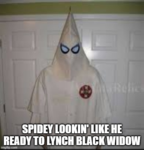 Too soon? | SPIDEY LOOKIN' LIKE HE READY TO LYNCH BLACK WIDOW | image tagged in spiderman,black widow | made w/ Imgflip meme maker
