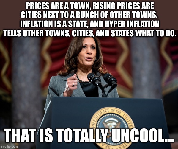 PRICES ARE A TOWN, RISING PRICES ARE CITIES NEXT TO A BUNCH OF OTHER TOWNS.  INFLATION IS A STATE, AND HYPER INFLATION TELLS OTHER TOWNS, CITIES, AND STATES WHAT TO DO. THAT IS TOTALLY UNCOOL… | image tagged in kamala harris | made w/ Imgflip meme maker