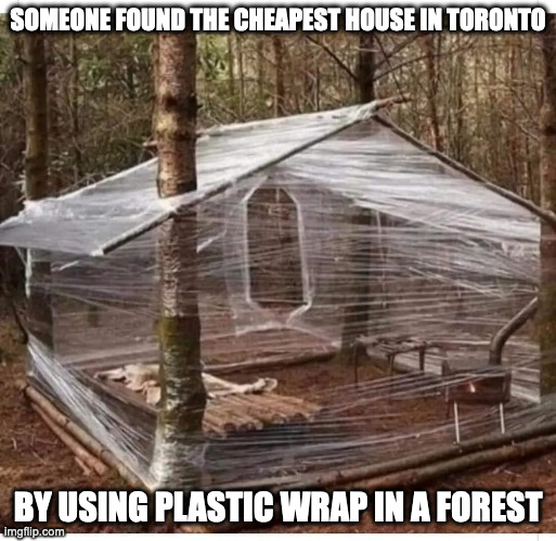 House Made of Plastic Wrap | SOMEONE FOUND THE CHEAPEST HOUSE IN TORONTO; BY USING PLASTIC WRAP IN A FOREST | image tagged in memes,house | made w/ Imgflip meme maker