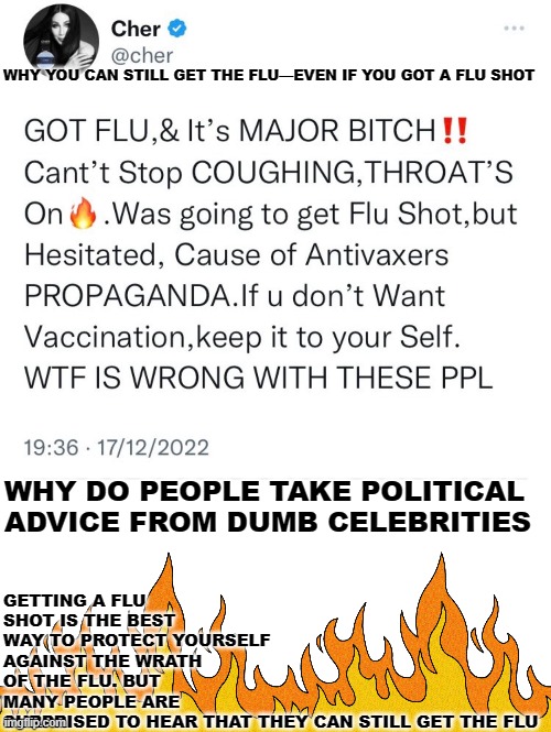 dumb celebrities should be banned | WHY YOU CAN STILL GET THE FLU—EVEN IF YOU GOT A FLU SHOT; GETTING A FLU SHOT IS THE BEST WAY TO PROTECT YOURSELF AGAINST THE WRATH OF THE FLU. BUT MANY PEOPLE ARE SURPRISED TO HEAR THAT THEY CAN STILL GET THE FLU; WHY DO PEOPLE TAKE POLITICAL ADVICE FROM DUMB CELEBRITIES | image tagged in flames | made w/ Imgflip meme maker