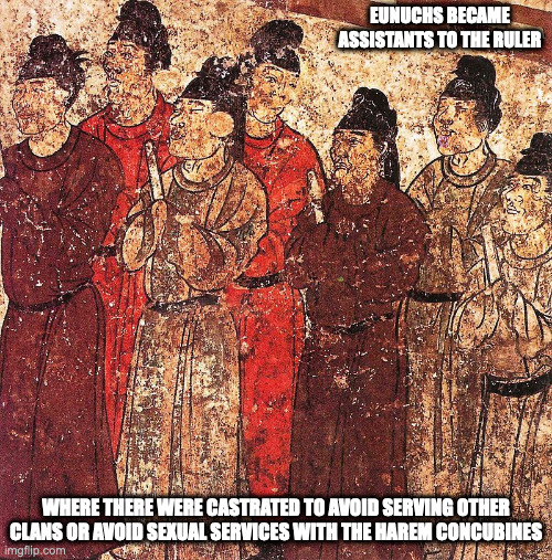 Eunuchs | EUNUCHS BECAME ASSISTANTS TO THE RULER; WHERE THERE WERE CASTRATED TO AVOID SERVING OTHER CLANS OR AVOID SEXUAL SERVICES WITH THE HAREM CONCUBINES | image tagged in eunuch,memes | made w/ Imgflip meme maker