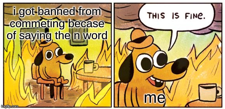 This Is Fine | i got banned from commeting becase of saying the n word; me | image tagged in memes,this is fine | made w/ Imgflip meme maker