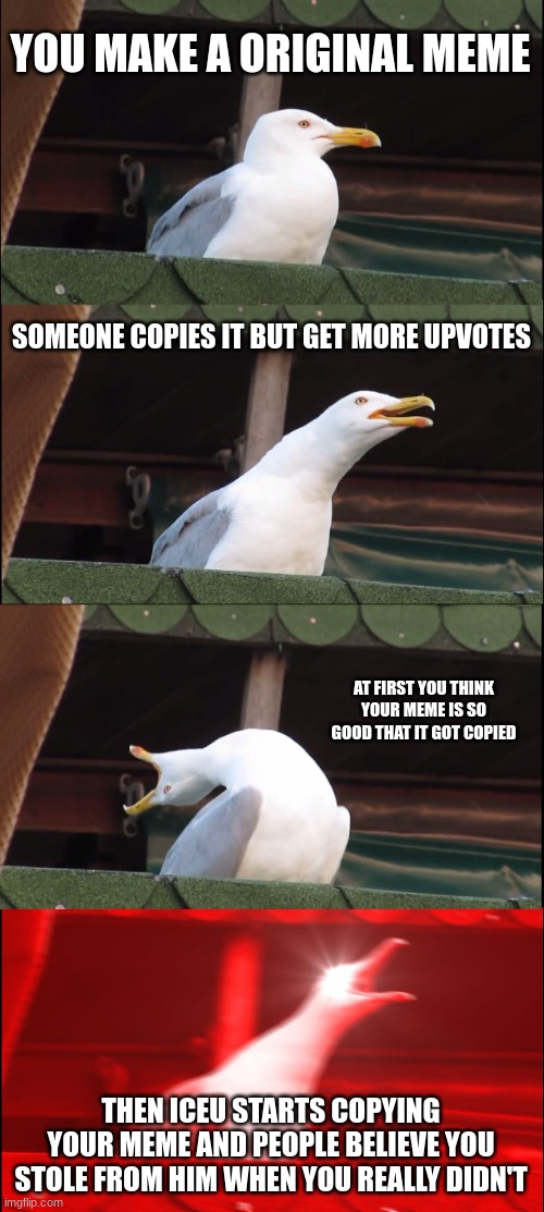 this is so annoying | YOU MAKE A ORIGINAL MEME; SOMEONE COPIES IT BUT GET MORE UPVOTES; AT FIRST YOU THINK YOUR MEME IS SO GOOD THAT IT GOT COPIED; THEN ICEU STARTS COPYING YOUR MEME AND PEOPLE BELIEVE YOU STOLE FROM HIM WHEN YOU REALLY DIDN'T | image tagged in memes,inhaling seagull,relatable | made w/ Imgflip meme maker