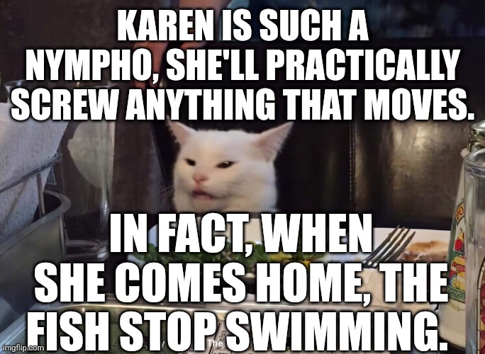 KAREN IS SUCH A NYMPHO, SHE'LL PRACTICALLY SCREW ANYTHING THAT MOVES. IN FACT, WHEN SHE COMES HOME, THE FISH STOP SWIMMING. | image tagged in smudge the cat | made w/ Imgflip meme maker